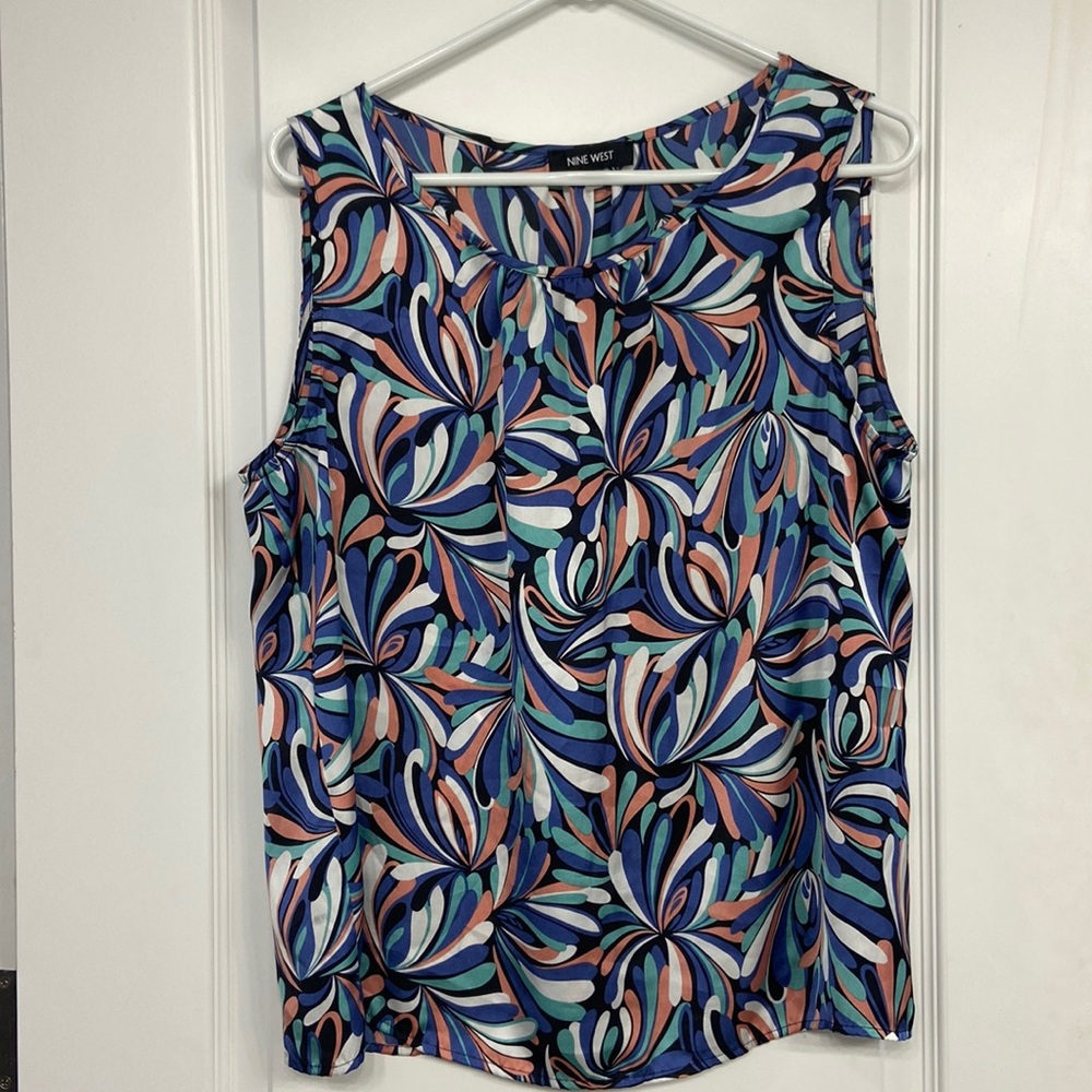 Nine West Women’s Sleeveless Blouse XL Blue/Teal/Pink/White Design